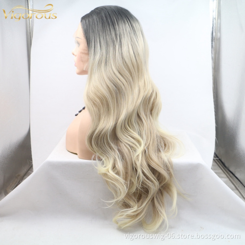 Vigorous ombre long premium high quality straight wholesale black women synthetic hair wigs with lace front